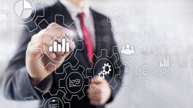 Vites ve simgelerle yapılan iş süreci soyut diyagramı. Çalışma akışı ve otomasyon teknolojisi kavramı