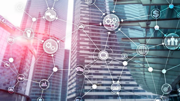 Innowacyjna koncepcja automatyzacji diagramu na nowoczesnym tle miasta. — Zdjęcie stockowe