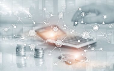 Sanal ekranda Endüstriyel iş süreci iş akışı organizasyon yapısı. Oins ve Megapolis arka planda IoT teknolojisi akıllı sanayi kavramı.