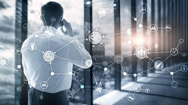 Business process structure industrial workflow diagram automation innovation concept on virtual screen mixed media.