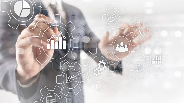 Bedrijfsproces abstract diagram met versnellingen en pictogrammen. Werkstroom- en automatiseringstechnologie. — Stockfoto