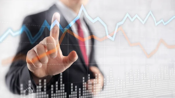 ビジネス金融取引投資の概念グラフ仮想画面の二重露光 — ストック写真