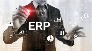 ERP sistemi, bulanık arka planda Atılgan kaynak planlaması. İş otomasyonu ve yenilik kavramı.