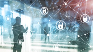 Siber güvenlik, bilgi gizliliği, modern sunucu odası arka planında veri koruma kavramı. İnternet ve dijital teknoloji kavramı.