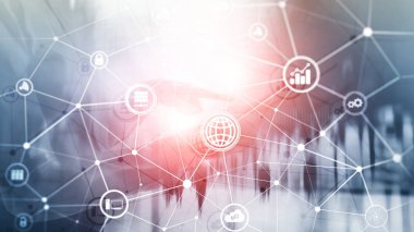 ICT - bilgi ve telekomünikasyon teknolojisi ve çok - Internet şeyler kavramları. Sunucu odası arka simgeleri ile diyagramları