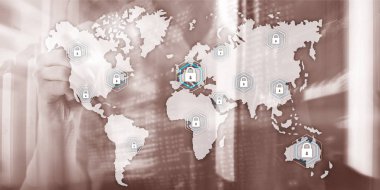 Küresel siber güvenlik kavramı iletişim gizlilik veri koruma sunucu odası arka plan