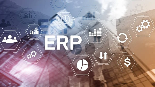 Σύστημα Erp Enterprise Resource Planning Θολή Φόντο Επιχειρησιακή Αυτοματοποίηση Και — Φωτογραφία Αρχείου