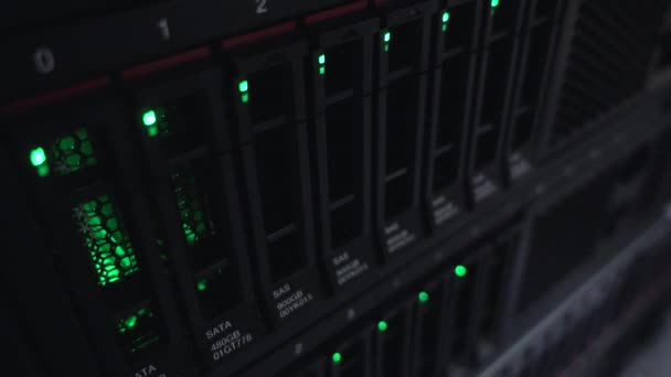 SAS Hdd Rack. Bright green LEDs on data drives. Concept 3.0 — Stock Video