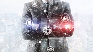 ICT - bilgi ve telekomünikasyon teknolojisi ve çok - Internet şeyler kavramları. Sunucu odası arka simgeleri ile diyagramları.