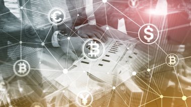 Çift Pozlama kavramı, Bitcoin ve blockchain. Dijital Ekonomi ve ticaret para.