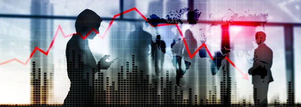 Diagram med röd nedåtpil på abstrakt bakgrund. Sjunkande tillväxt i näringslivet — Stockfoto