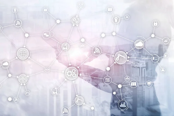 IOT smart indusry concept mixed media diagram. Technology industrial business process workflow organisation structure on virtual screen. — ストック写真