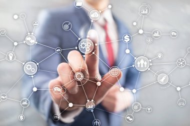 Sanal ekran karışık medya üzerinde iş süreci yapısı endüstriyel iş akışı diyagramı otomasyon yenilik kavramı.