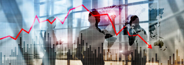 Диаграмма с красной стрелкой вниз на абстрактном фоне. Падение темпов роста бизнеса