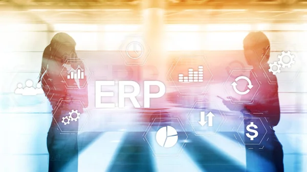 ระบบ ERP, การวางแผนทรัพยากรขององค์กรบนพื้นหลังที่ไม่ชัดเจน ระบบอัตโนมัติทางธุรกิจและนวัตกรรม . — ภาพถ่ายสต็อก