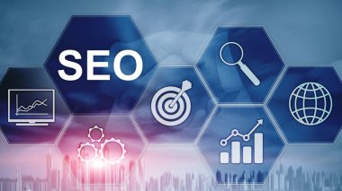 SEO - Bulanık arkaplanda arama motoru optimizasyonu, dijital pazarlama ve internet teknolojisi kavramı.