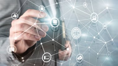 ICT - bilgi ve telekomünikasyon teknolojisi ve çok - Internet şeyler kavramları. Sunucu odası arka simgeleri ile diyagramları.