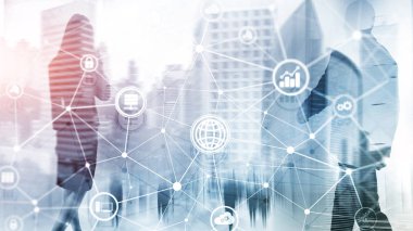 ICT - bilgi ve telekomünikasyon teknolojisi ve çok - Internet şeyler kavramları. Sunucu odası arka simgeleri ile diyagramları.