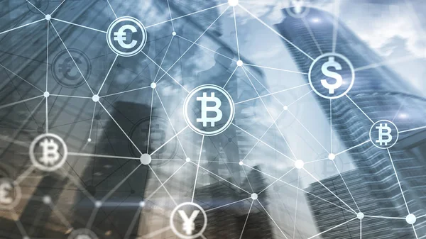 이중 노출 Bitcoin와 blockchain 개념입니다. 디지털 경제 및 통화 거래. — 스톡 사진