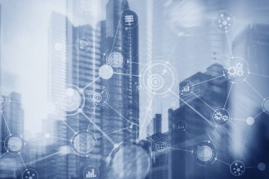 Akıllı Şehir ve Kablosuz İletişim Ağı. Ofis binası olan iş bölgesi. IOT modern teknoloji kavramı.