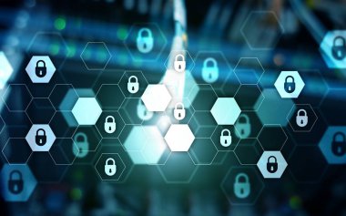 Sunucu rafı dijital güvenlik veri koruma kavramı.