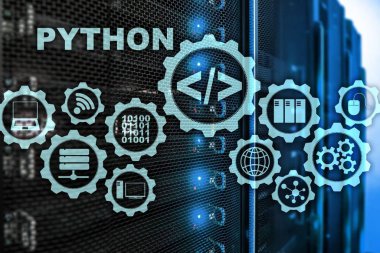 Python programlama dili sunucu Oda arka plan üzerinde. İş akışı soyut algoritma kavramı sanal ekran üzerinde programlama.