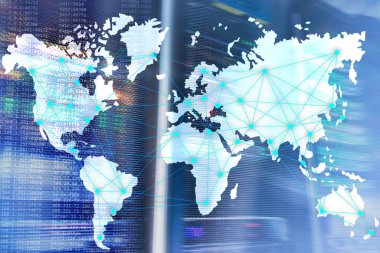 Dünya harita sunucu Oda arka plan üzerinde Internet ve telekomünikasyon konseptiyle.