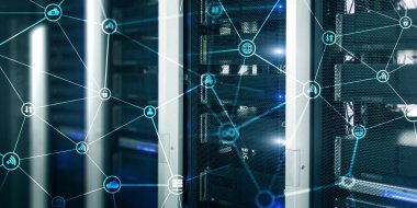 Bulut İletişimi. Bulanık sunucu odası arka planda Internet Technology Concept.