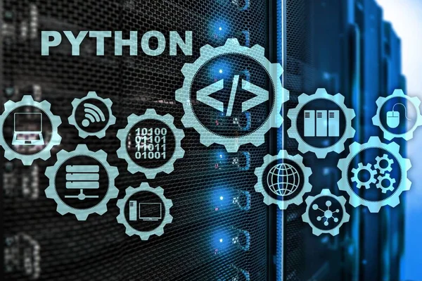 Python Programming Language on server room background. Programing workflow abstract algorithm concept on virtual screen.