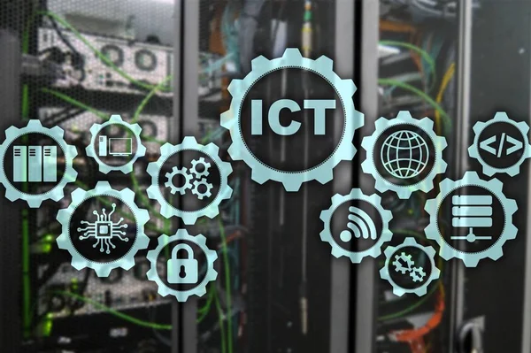 ICT. Information and communications technology on modern server room background. Virtual screen.