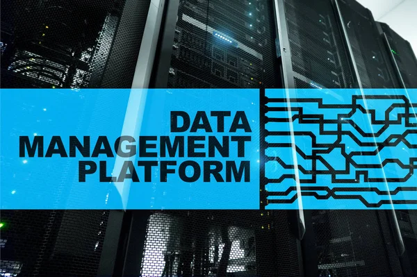 Data management and analysis platform concept on server room background.