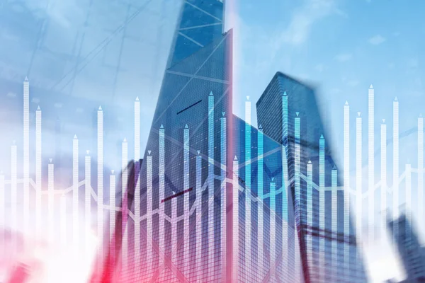 Histogram and lines economic chart of financial instrument on modern metropolis. Up and down arrows. — Stock Photo, Image