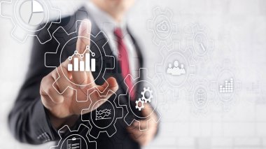 Vites ve simgelerle yapılan iş süreci soyut diyagramı. Çalışma akışı ve otomasyon teknolojisi kavramı.