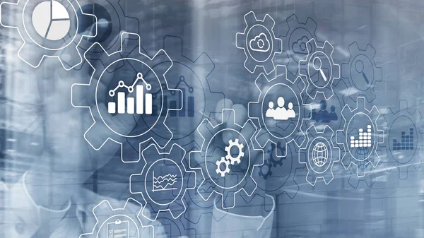 Schema astratto del processo aziendale con ingranaggi e icone. Concetto di tecnologia di flusso di lavoro e automazione. — Foto Stock