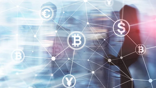 Double exposition Bitcoin et blockchain concept. Économie numérique et trading de devises . — Photo