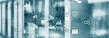 Industry Concept. Technology icons on server room. Website Banner.