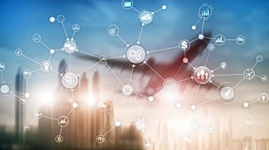 Sanal ekran karışık medya üzerinde iş süreci yapısı endüstriyel iş akışı diyagramı otomasyon yenilik kavramı.