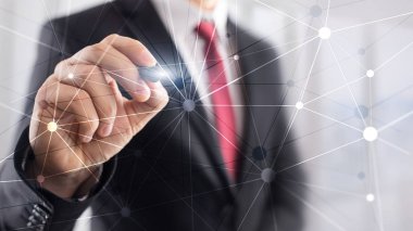 Bulanık gökdelenlerin arkaplanındaki engelleme ağı. Finansal teknoloji ve iletişim konsepti.