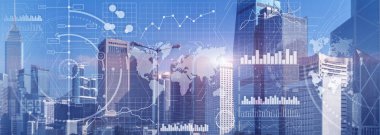 İş istihbarat denetimi arayüzü pazarlama finans yönetimi şehir silueti görünüm web sitesi panoramik heade bayrağı.