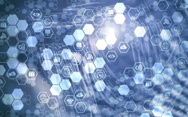 Dijital internet bağlantısı teknolojisi kavramı. Sunucu rafı arkaplanındaki simgeler.