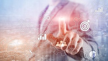 İş süreci otomasyonu kavramı. Dişliler ve arka plan üzerinde simgeler.
