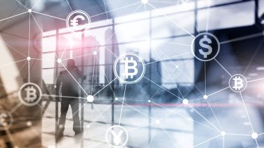 Çift Pozlama kavramı, Bitcoin ve blockchain. Dijital Ekonomi ve ticaret para.