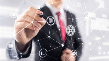 ICT - bilgi ve telekomünikasyon teknolojisi ve çok - Internet şeyler kavramları. Sunucu odası arka simgeleri ile diyagramları.