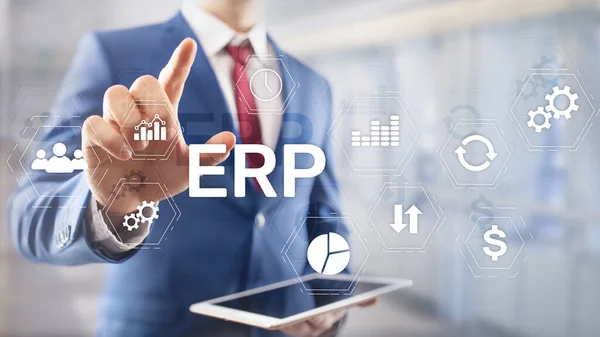 ERP-System, Enterprise Resource Planning auf verschwommenem Hintergrund. Geschäftsautomation und Innovationskonzept. — Stockfoto