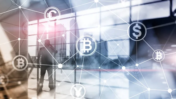 Dvojitá expozice bitcoinu a blockchainových koncept. Digitální ekonomika a Měna obchodování. — Stock fotografie