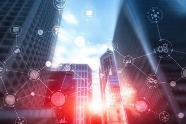 Akıllı Şehir ve Kablosuz İletişim Ağı. Ofis binası olan iş bölgesi. IOT modern teknoloji kavramı.