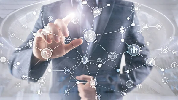 Estrutura de processo de negócios diagrama de fluxo de trabalho industrial conceito de inovação em tela virtual mídia mista. — Fotografia de Stock