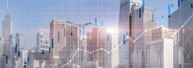 Finansal konsept yatırım grafiği diyagramı çifte pozlama şehir görünümü ufuk çizgisi.