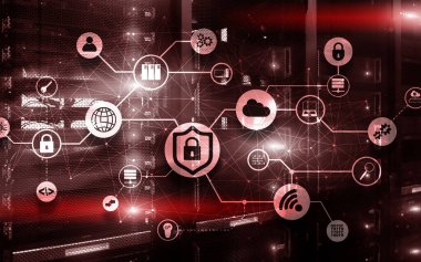 Veri güvenliği kavramı. Simgeler: Kapatılmış Asma Kilit, Wifi Ve dijital arkaplanda bulut.