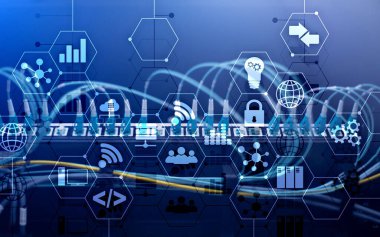 Soyut internet dijital teknoloji konsept sunucu raf odası arkaplanı.